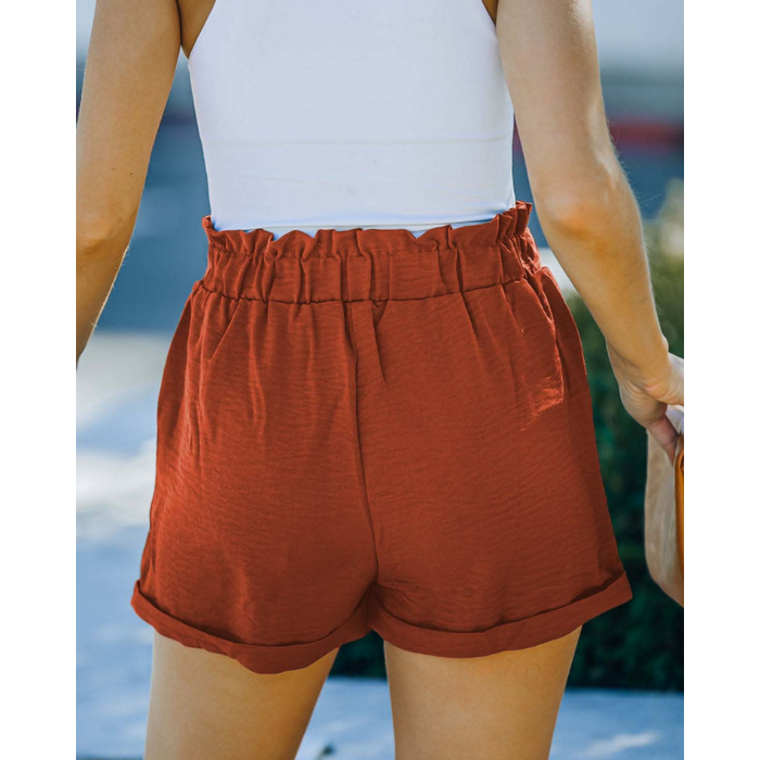 Loose Waisted Strap Pocket High Waisted Casual Shorts